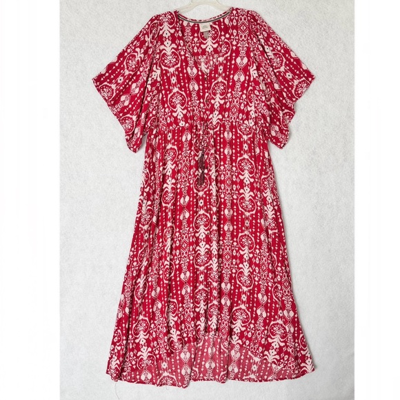Knox Rose Dresses & Skirts - Knox Rose Dress Womens Large Midi Maxi Red White Button Front Short Sleeve Boho
